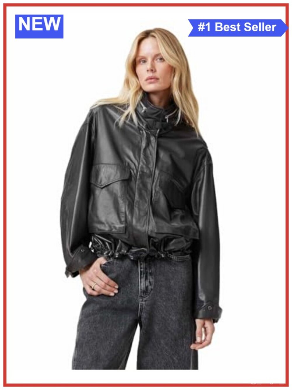 Oversized Leather Jacket Funnel Neck Cropped Boxy Zip Drawcord Hem